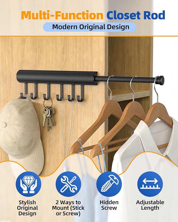 12 Inch Valet Rod for Closet Pull Out, Expandable with 6 Hooks, Closet Rod for Laundry, Bedroom & Tomorrow’s Outfit (Black, 1 Pack)