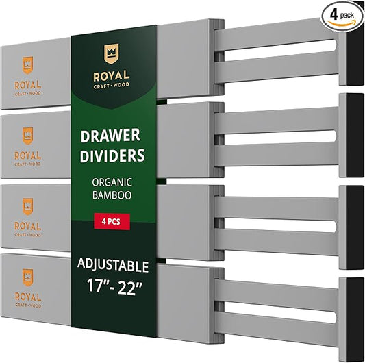 Bamboo Drawer Dividers Organizers, Adjustable Drawer Separator Splitters, 17–22 Inches Expandable Drawer Divider Organizer for Large Utensils, Kitchen, Bedroom, Dresser & Office Drawers 4-Pack, Gray
