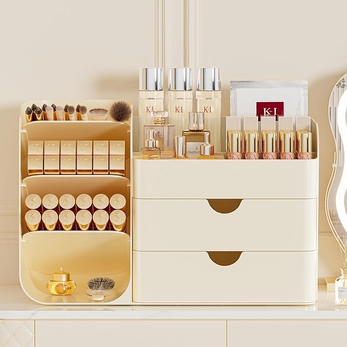 Booklov Makeup Organizer for Vanity, Countertop Cosmetic Display Case with Drawer, Bathroom Counter Beauty Caddy, Comfyroom Table Storage Holder for Skincare, Brush Eyeliner Eyeshadow Lipsticks, Creem