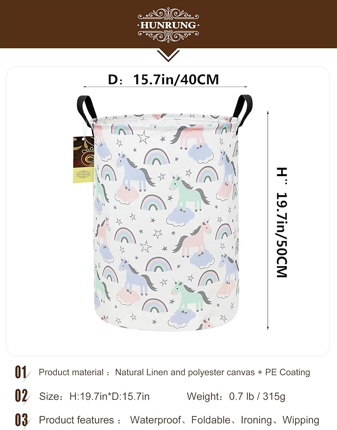 HUNRUNG Collapsible Fabric Storage Basket, Waterproof Laundry Hamper with Handles, Round Storage Bin for Clothes Toys, Foldable Organizer for Bedroom Nursery Bathroom(Round-Star Unicorn)