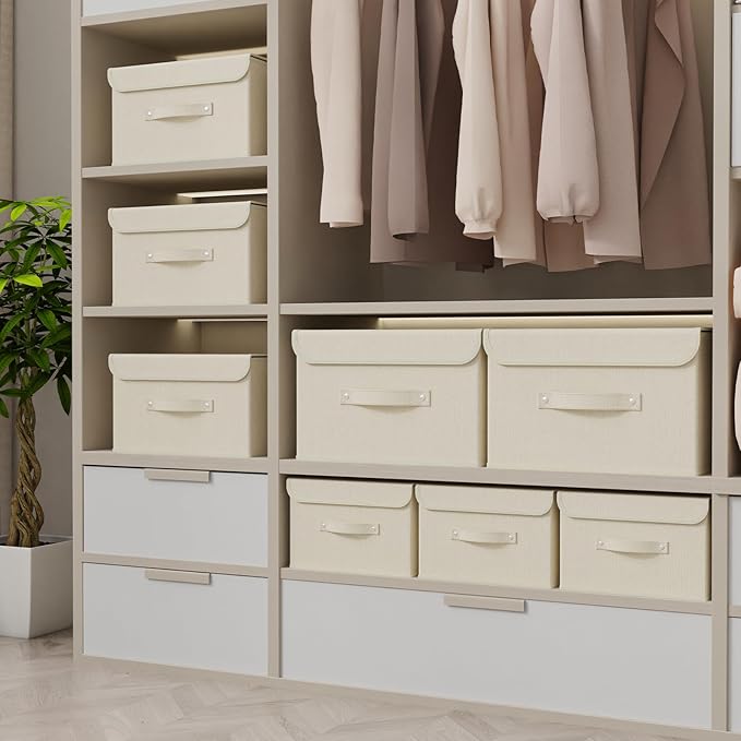 Fabric Storage Bins Cube Organizers with Flip-Top Lid and Handles,Storage Boxes for Organizing Home,Office,and Closet,Beige,5 Pack 15 x 9.8 x 9.8 in