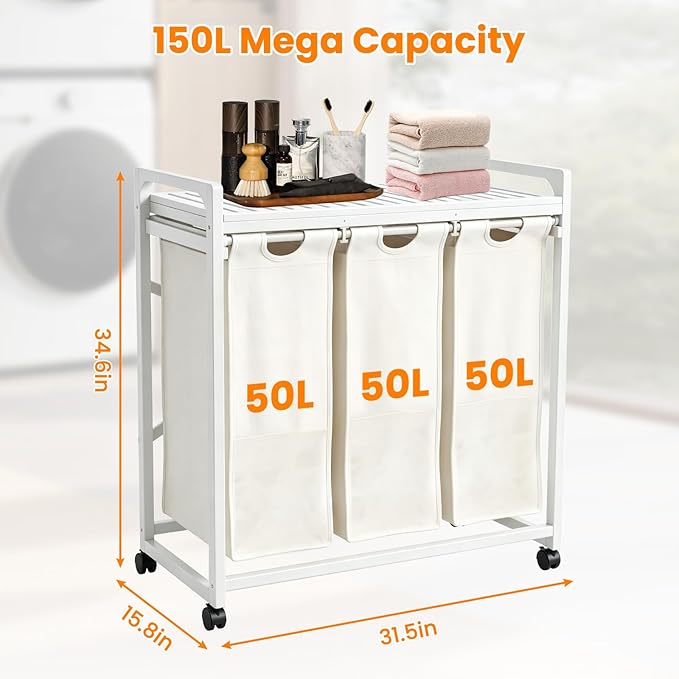 Bamboo Laundry Hamper 3 Section with Lid, 150L Laundry Sorter with Lockable Wheels, Pull-Out Removable Washable Bags, 3 × 12.5 Gal Divided Laundry Baskets for Laundry Room, Bathroom (White)