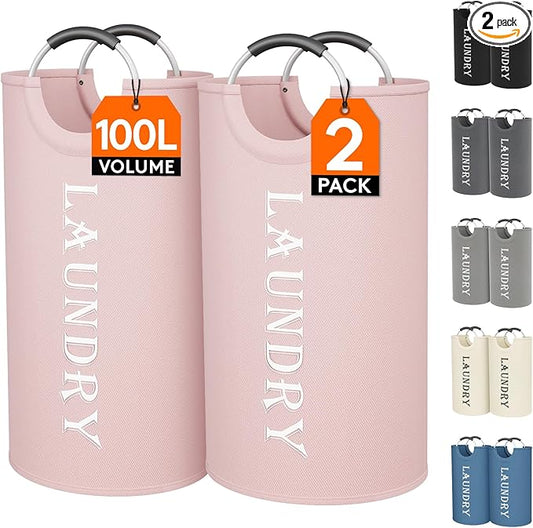 Lifewit 100L 2-Pack Large Laundry Basket, Collapsible Laundry Hamper with Aluminum Handles, Waterproof Freestanding Dirty Clothes Hampers for Laundry Room Bedroom Dorm Bathroom, Pink