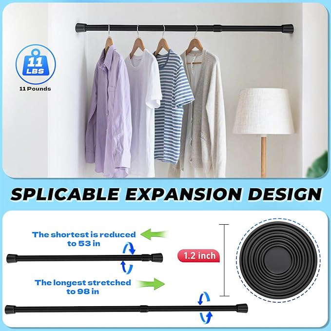 2 Pack Black Tension Rods, 53"-98" Adjustable Shower Curtain Rods, Heavy Duty No Drilling Rod, 11lbs Max Load, 1.2" End Cap, 19/22mm Tube, Metal, for Bathroom, Window, Bedroom, Doorway, Closet
