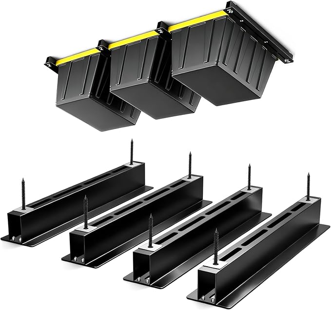 Yuleimy Overhead Garage Storage Rack 4-Pack - Heavy Duty Garage Ceiling Storage Racks for Tote Containers - 17" Adjustable Tote Rack 27 Gallon Storage System, Hanging Bin Ceiling Mount Rails