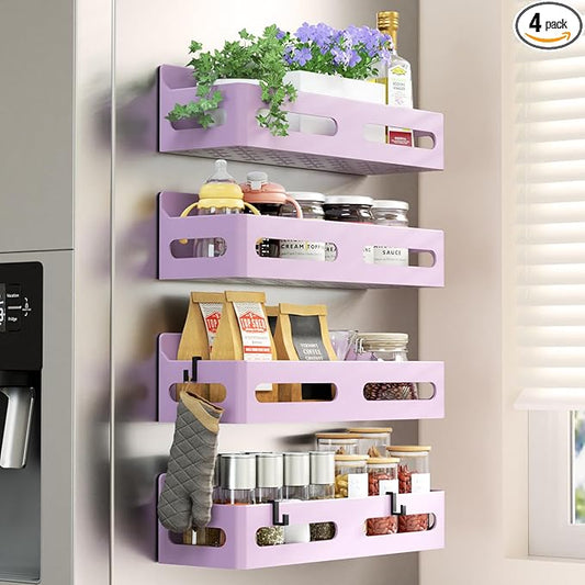 Sevenblue 4 Pack Strong Magnetic Spice Rack for Refrigerator, Multipurpose Magnetic Shelf for Fridge with 4 Hooks for kitchen and Bathroom Organization, Pink