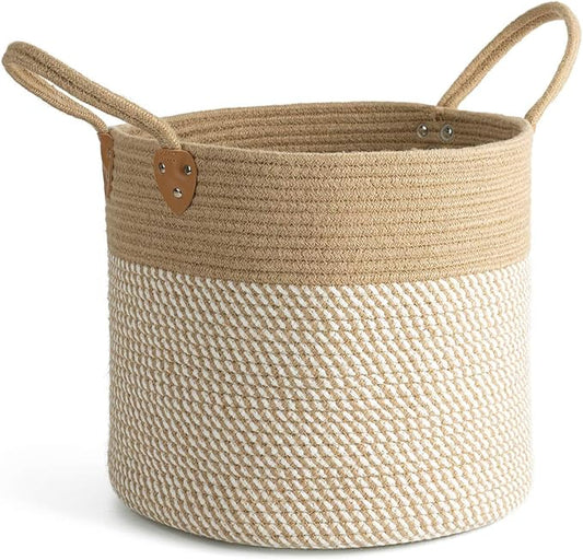 CHICVITA Large Wicker Jute Woven Storage Basket with Handles – Blanket Laundry Basket for Toys Towels Home Decor, White, 14" x 14" x 12"