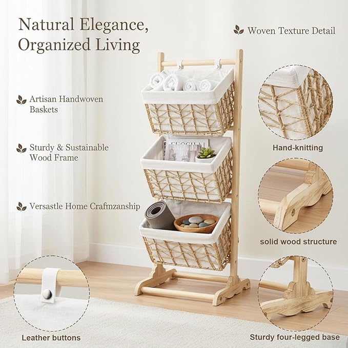 3-Tier basket stand Woven Floor Shelf Stackable Baskets, Multi-story wicker Storage Organizer,Multipurpose Rattan Rack for Bedroom Living Room Kitchen, Holds Toys Books Cans, Bohemian Home Decor