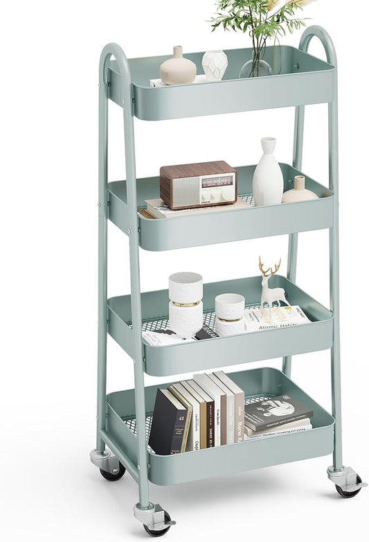 OLIXIS Metal 4 Tiers Utility Rolling Cart, Mobile Storage Shelf with Lockable Caster Wheels, Organization for Livingroom, Bathroom, Kitchen, & Narrow Places, 4-Tier Green