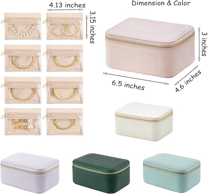 VLANDO Travel Jewelry Box Organizer – Portable PU Leather Jewelry Case with 6/8/12 Zippered Pouches, Compact Storage for Earrings Rings Necklaces Bracelets, Dark Green