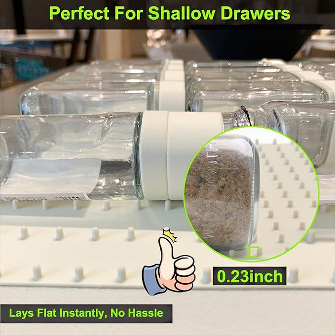 Gosmol Spice Drawer Organizer insert, Adjustable & Non-Slip Silicone Spice Drawer Liner for Seasoning Jars and Spice Bottles, Spice Rack, Set of 2-Pearl