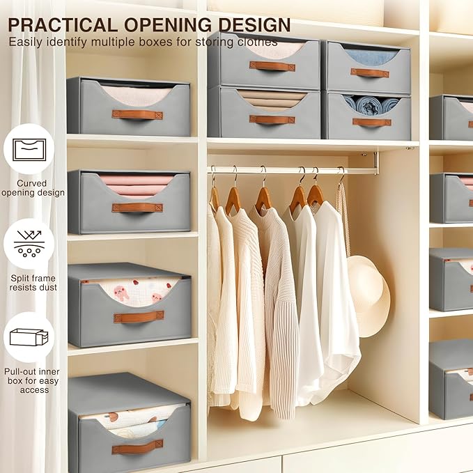 Homsorout Closet Organizers and Storage - Large Stackable Storage Bins with Drawer, Fabric Bins for Organization, Collapsible Drawer Organizer Clothes for Bedroom, Living Room, 2 Pack, Grey