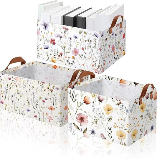 Boao 3 Pcs Wildflowers Storage Bin Wildflowers Collapsible Large Storage Baskets for Gifts Canvas Laundry Basket Foldable Box with Handle for Office Home Bedroom Clothes