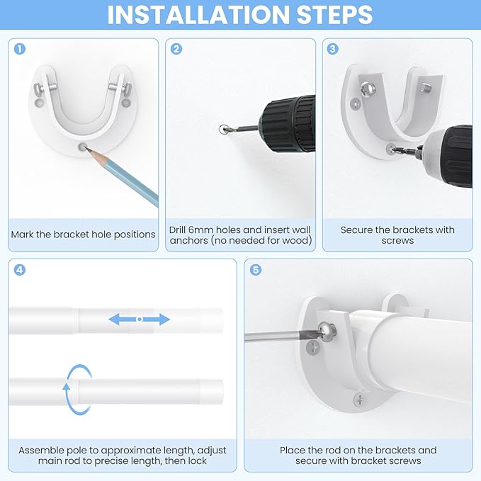 3 Pack Closet Rods for Hanging Clothes, 17 to 54 Inch Heavy Duty Stepless Adjustable Closet Hanging Rod, 1.3 Inch Diameter Metal Closet Rod for Wardrobes Laundry Bedroom RV, White