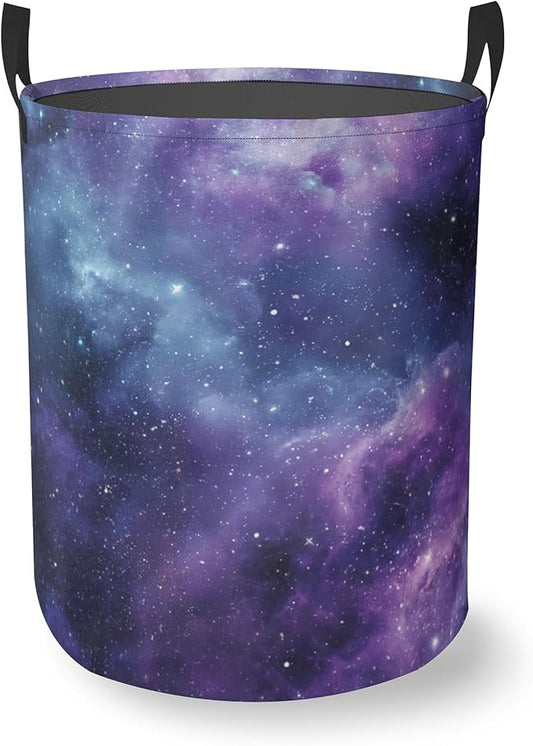 Purple Starry Sky Round Laundry Basket Collapsible Laundry Hamper with Handles Toys Clothes Organizer Bin For Home Bathroom Bedroom Dorm Nursery