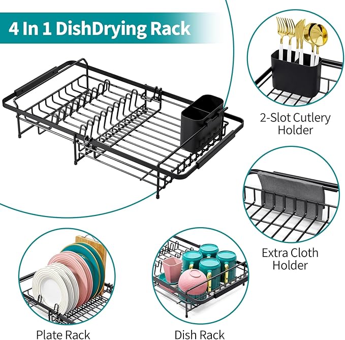 Urackify Expandable in Sink Dish Drying Rack - Adjustable Dish Rack Over Sink, Rustproof Dish Drainer for Kitchen Counter, Dish Strainer with Utensil Holder, Fit Kitchen for 13"-18"