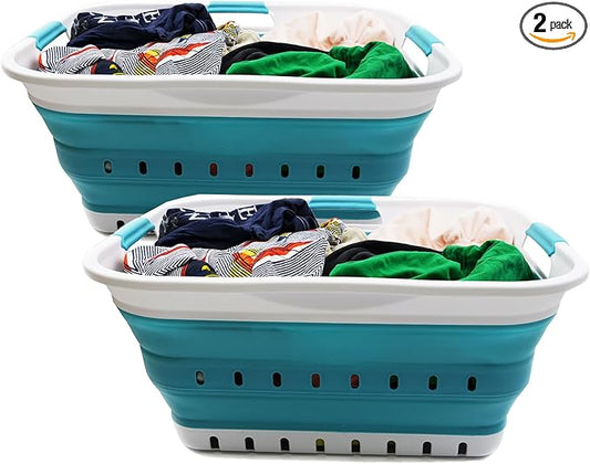 SAMMART 42L (11 gallon) Collapsible Plastic Laundry Basket - Foldable Pop Up Storage Container/Organizer - Portable Basket - Space Saving Hamper/Basket (2, White/Bright Blue)