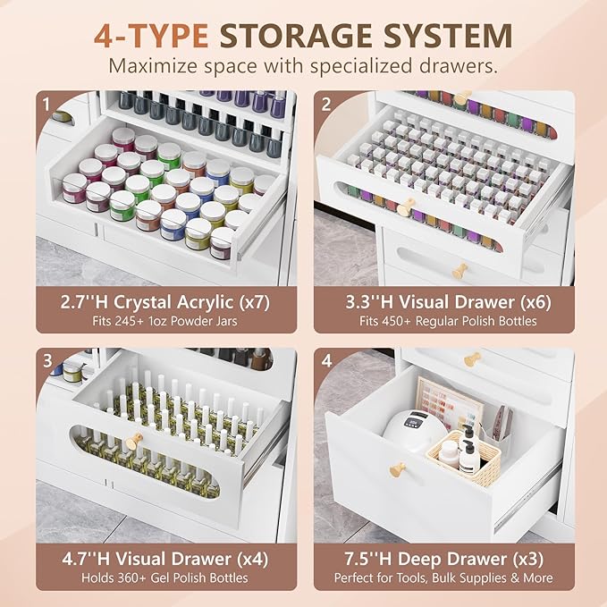 OmySalon Nail Polish Organizer Cabinet with Drawers, 47.2" L Large Nail Salon Storage for Polish & Powder, 7 Clear & 10 Visual Drawers, Wooden Beauty Salon Furniture (White)