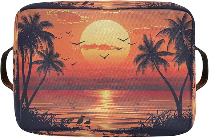 xigua Summer Palm Trees Storage Basket Collapsible Storage Bins Waterproof Canvas Storage Basket with Leather Handles for Home Closets Offices,Bedrooms,Gift Baskets,1PCS