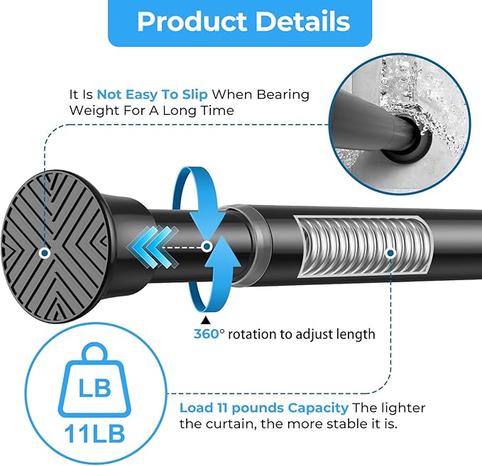 Spring Tension Rods 24-46 Inch, 2Pcs Black Adjustable Tension Curtain Rod, Spring Curtain Rods No Drilling Expandable Pressure Spring Tension Rods for Curtains, Closet, Kitchen, Doorway