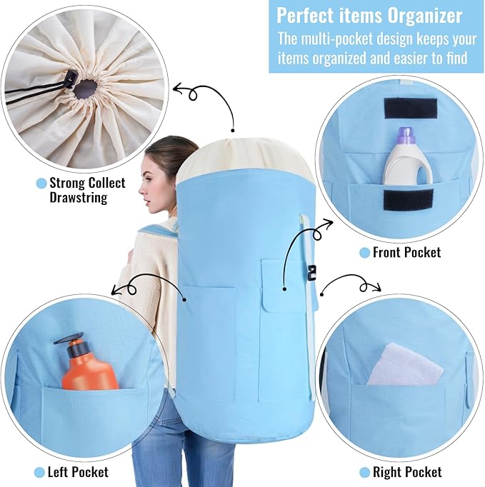 Laundry Backpack Bag 125L Extra Large, Heavy Duty for College Dorm & Apartment, Durable Thick Material Laundry Hamper with Padded Straps for Easy Carry, 3 Pockets for Travel & Laundromat (Light Blue)