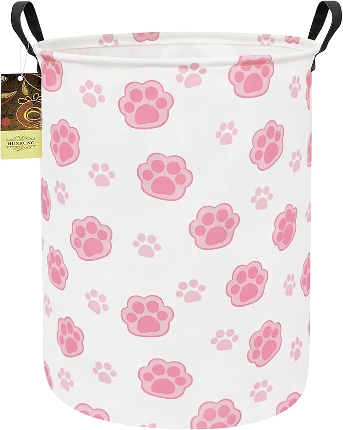 HUNRUNG Collapsible Fabric Storage Basket, Waterproof Laundry Hamper with Handles, Round Storage Bin for Clothes Toys, Foldable Organizer for Bedroom Nursery Bathroom(Round-Pink Paw)