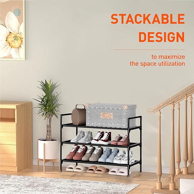 Shoe Rack 3 Tier Shoe Organizer Shoe Storage Shoe Rack for Narrow Hallway Entryway Bedroom Easy Assembly (Black)
