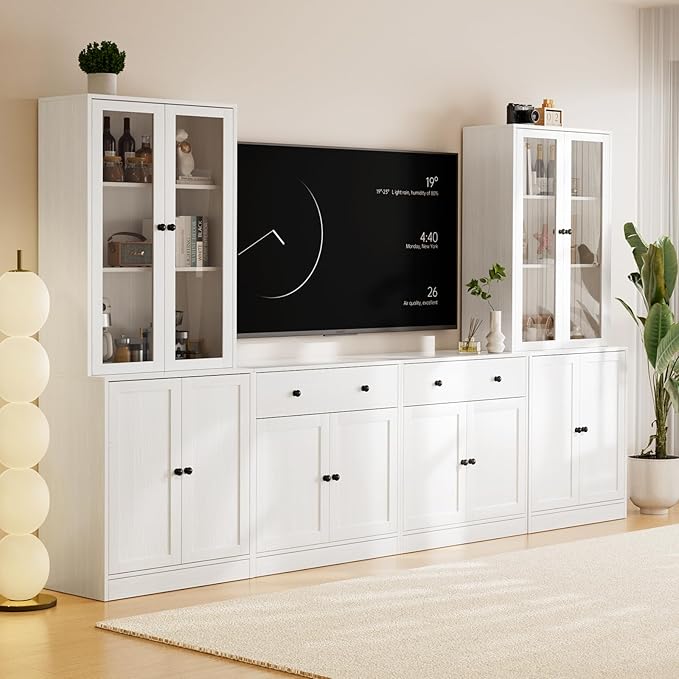 TUSY 71" TV Stand Storage Set - 2 Tall Bookcases & 2 Side Cabinets, Media Console with Glass & Wood Doors, Entertainment Center with Drawers, Tall Media Console for Living Room (White, AEEA)