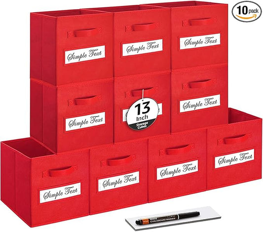 artsdi 13x13x13 storage cube bins(Set of 10) Fabric storage cubes with 10 Labels Window Cards & a Pen, storage cubes 13x13, Collapsible 13 inch cube storage bins, Cubby Organizer Boxes, Red