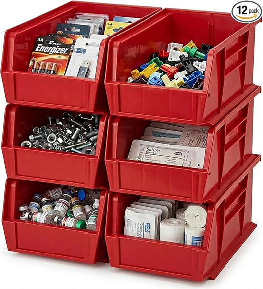 Quantum Storage QUS230 Heavy-Duty Stackable Plastic Storage Bins for Workshop, Warehouse & Garage, Ultra Stack & Hang, 10-7/8" x 5-1/2" x 5", Red, 12-Pack