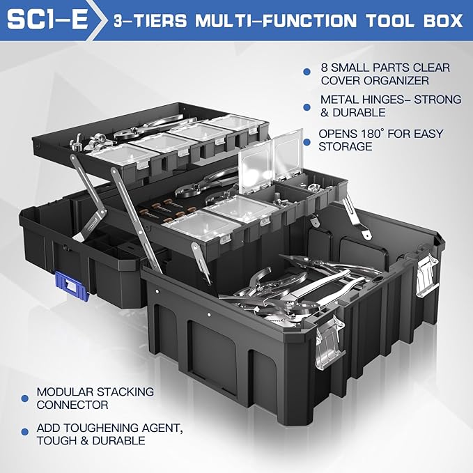 4 Tier Stackable Rolling Tool Box with Wheels | Modular Tool Organizer Box Storage System | Portable Tool Box with Drawers | Tough and Durable | for Garage Storage | Home Repairs | Professional Work