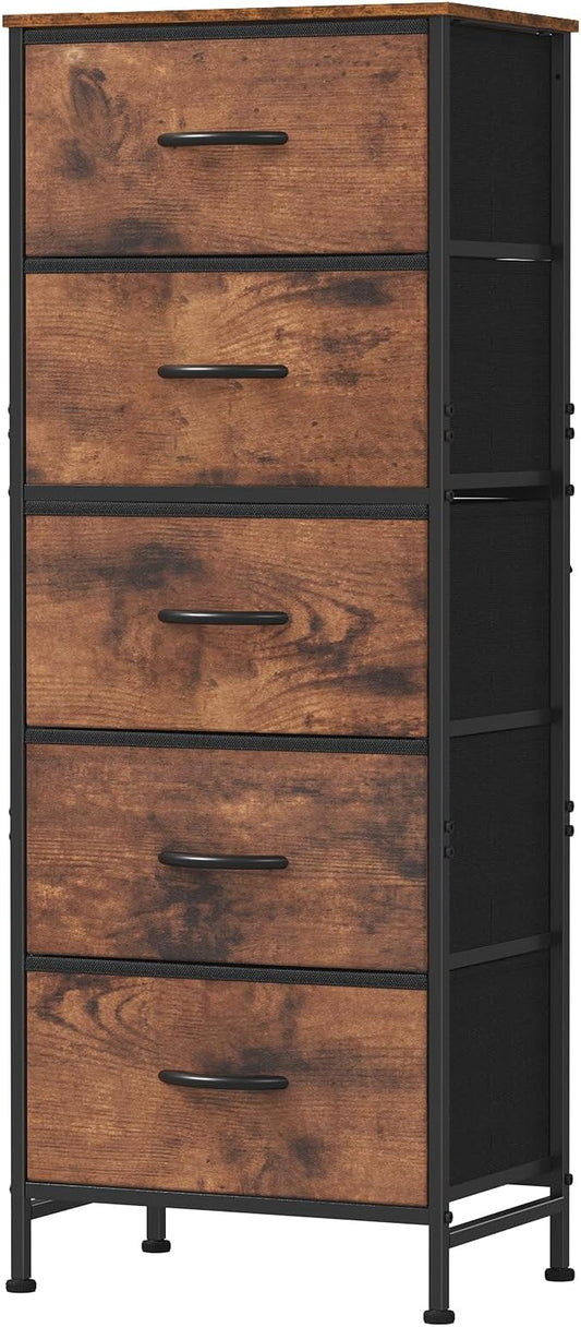 DUMOS Nightstand with 5 Drawers Bedside Table with Removable Fabric Bins Sturdy Steel Frame Wood Top Organizer Furniture for Bedroom Nursery Closet Living Room, Brown