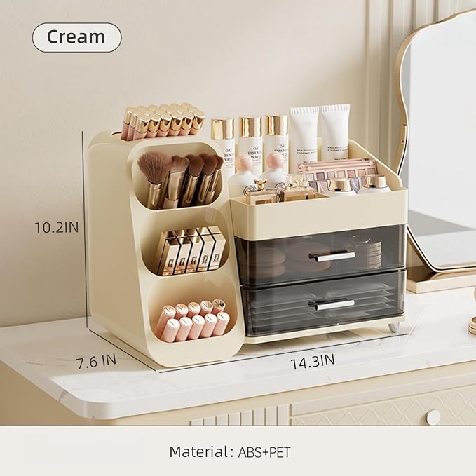 Booklov Makeup Organizer for Vanity, Large Capacity Cosmetic Display Case with Clear Acrylic Drawer, Countertop Beauty Storage Holder for Skincare, Brush Eyeshadow Lipstick Counter Desk, Crystal Cream