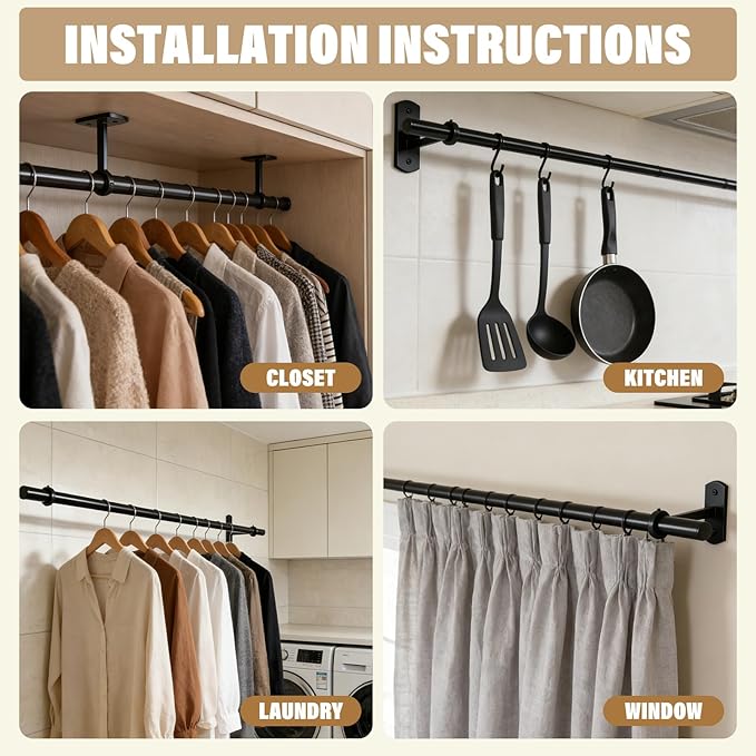 Closet Rods for Hanging Clothes Ceiling or Wall Mounted, 17-95 Inch Closet Rod Heavy-Duty Stepless Telescopic Clothes Hanging Rod for Closet Kitchen Laundry Room Living Room Balcony (Black)