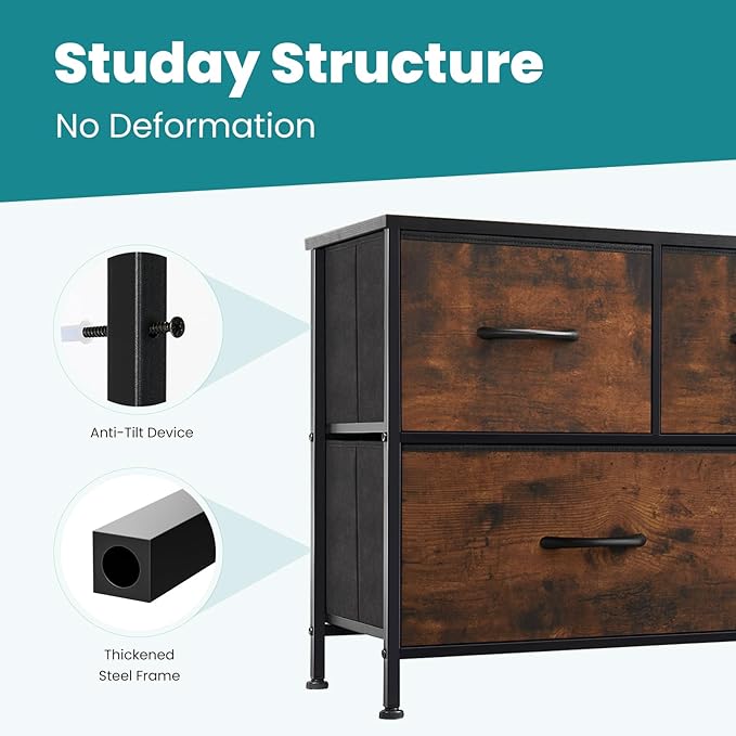 OLIXIS 5 Drawer Dresser for Bedroom, Closet Chest Organizer Furniture, TV Stand for Living Room Hallway, Wide Fabric Storage Tower with Wooden Top and Metal Frame, Brown