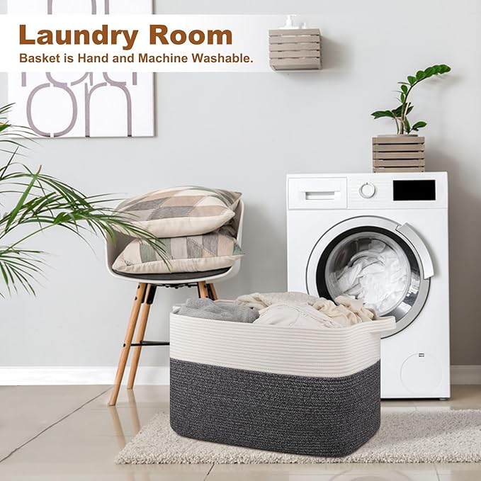 OIASKET XXXL Supre Large Blanket Basket for Clothes, Towels, Pillows, 108L Cotton Rope Storage Basket for Living Room, Supre Large Woven Toy Storage for Kids, 25" x 16" x 16", Dark Grey and White
