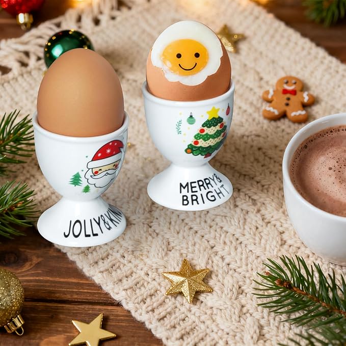 Cinf Ceramic Egg Cup Set of 2 Porcelain Holder Breakfast Boiled Cooking Easy to Clean Childhood Memories Kitchen(Christmas)