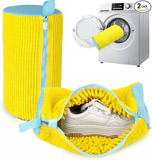 2 Pack Shoe Bag for Washing Machine, XXL 360° Protect Sneaker Laundry Bag for Shoes Reusable Durable Fibers Adjustable Washer Bag with Zipper for Tennis Gym Sneakers Shoe Dryer (Yellow)