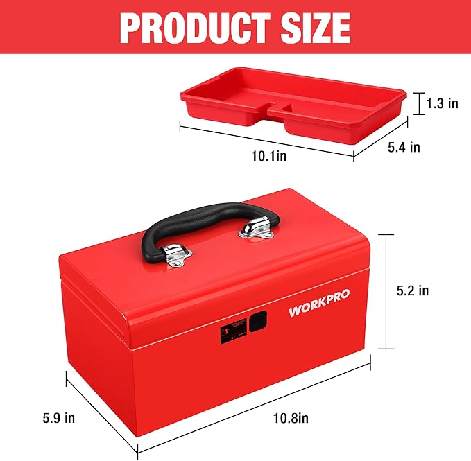 WORKPRO 10.8" Portable Mini Metal Tool Box with Removable Color-Matching Tray, One-Button Latch Toolbox, Steel Tool Chest with PP Handle, Compact Storage Organizer for Home, Office or Workshop