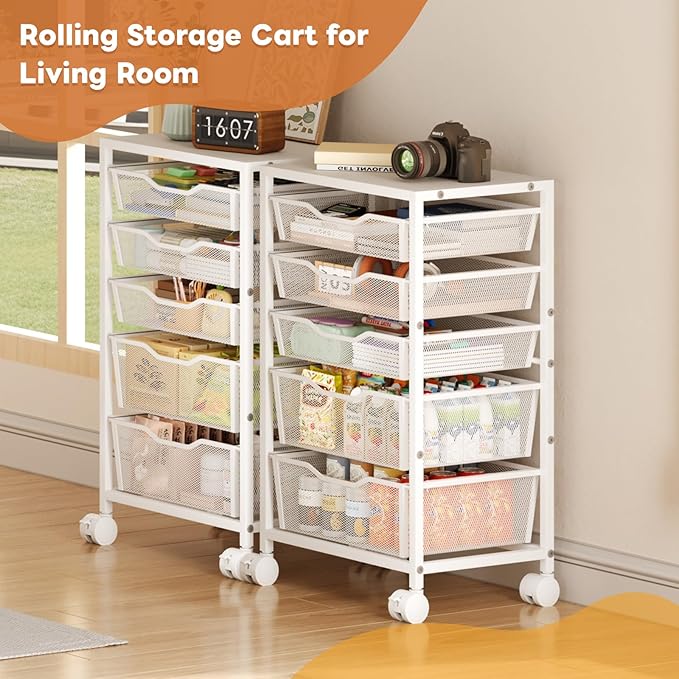 Sbanmao Rolling Storage Cart with 5 Drawers, Metal Utility Cart with Lockable Wheels, Craft Storage Art Cart, Rolling Drawer Cart for Living Room, Bedroom, Bathroom, Office, Home, White