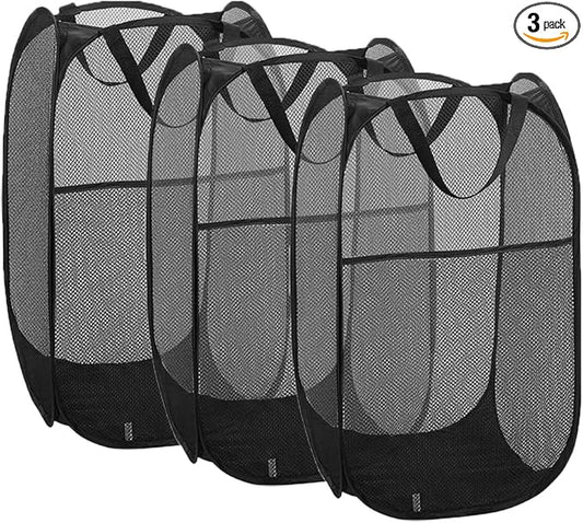Larpur 3 Pack Pop Up Laundry Hampers, Collapsible Mesh Laundry Baskets, Portable Foldable Clothes Hampers for Dorm, Home, Bedroom, Bathroom, RV Cruise, Black