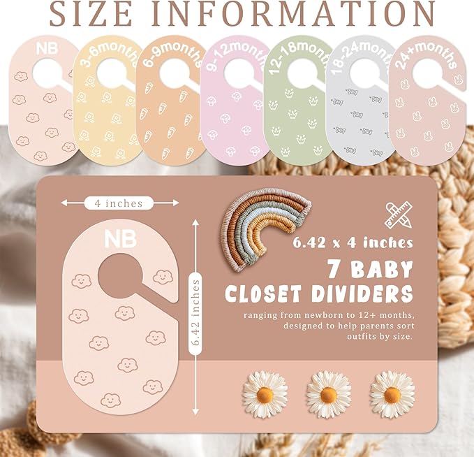 slapaflife Baby Closet Dividers, Double-Sided Cute Design Baby Clothes Dividers for Closet, Baby Clothes Organizer for Sorting Clothing in 7 Sizes from Newborn to 12+ Months