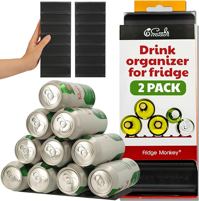 Cooks Innovations Drink Organizer for Fridge, Soda Can Refrigerator Organizers and Storage, Beer-Wine-Water Bottle Holder, Fridge Monkey - Durable Non-Slip&Roll - 2 Pack