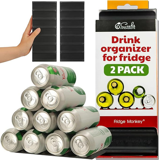 Cooks Innovations Drink Organizer for Fridge, Soda Can Refrigerator Organizers and Storage, Beer-Wine-Water Bottle Holder, Fridge Monkey - Durable Non-Slip&Roll - 2 Pack