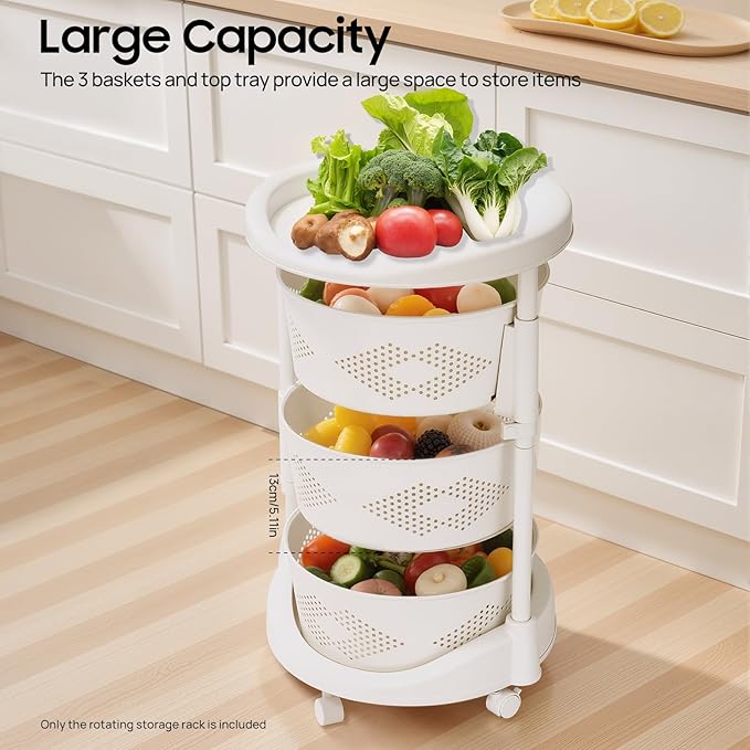 3 Tier Rotating Kitchen Storage Basket Rack Storage Shelf Cart Fruit Vegetable Organizer with Casters Rolling Multi-Layer Round Bin Storage Space Saver for Home Household Grocery