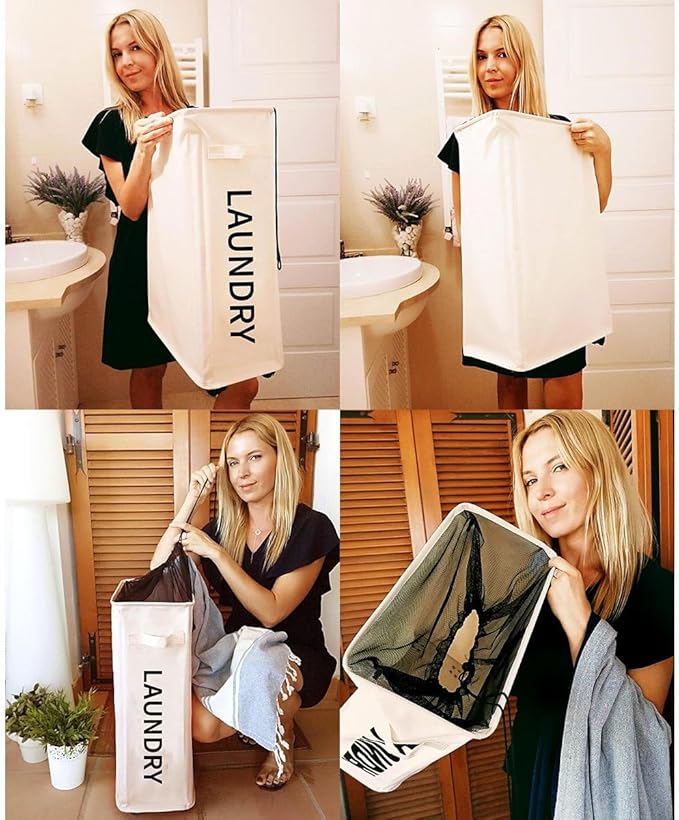 ZERO JET LAG Slim Laundry Hamper with Wheels, Small Laundry Basket for clothes, Rolling Skinny Hampers for Bedroom, Dorm and Laundry Room - 52L Standable Corner Design, (22" Printed Beige)