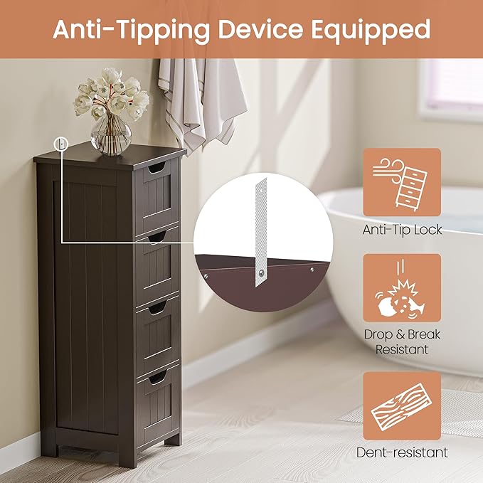 SUPER DEAL Small Bathroom Storage Cabinet with 4 Drawers, Freestanding Narrow Wooden Side Storage Organizer for Bathroom Hallway Living Room, Brown