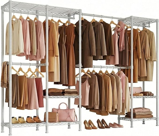 Higeego H7 Pro Heavy Duty Clothes Rack Large Garment Rack for Hanging Clothes, Freestanding Wardrobe Closet with Expandable Hanger Rods, Closet Organizer Storage, (79.1"-96.9") Lx15.7 Wx75.4 H, White