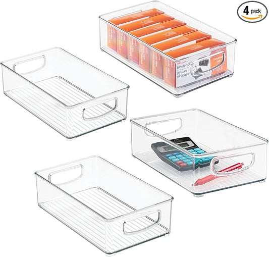 mDesign Small Plastic Office Storage Container Bins w/Handles for Organization in Filing Cabinet, Closet Shelf, Desk Drawers, Organizer for Notes, Pens, Pencils - Ligne Collection, 4 Pack - Clear