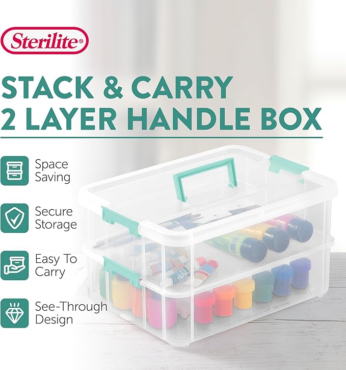 Sterilite 16-Pack Stack & Carry, 2 Layer Handle Box for Home & Office Storage - Clear Base & Lid with Color Latches, Organizer for Art & Craft Supplies, Sewing Tools or 8.5" x 11" Paper
